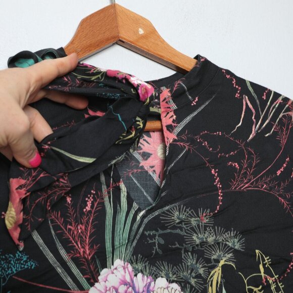Hale Bob Floral Keyhole Blouse Long Sleeve Top Tie Neck Flowers Black White XS - Picture 5 of 9